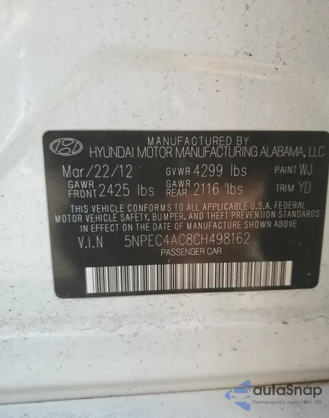 2012 Hyundai Sonata Se из США, поврежденный, VIN 5NPEC4AC8CH498162